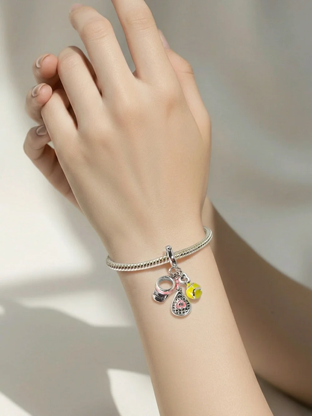 Tennis Girl Era Charm Pendant Silver Racket Ball Visor Pink Yellow Enamel Sporty